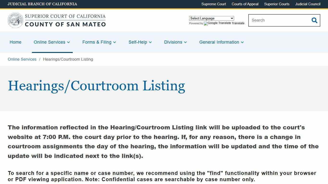 Hearings/Courtroom Listing Superior Court of California County of San Mateo