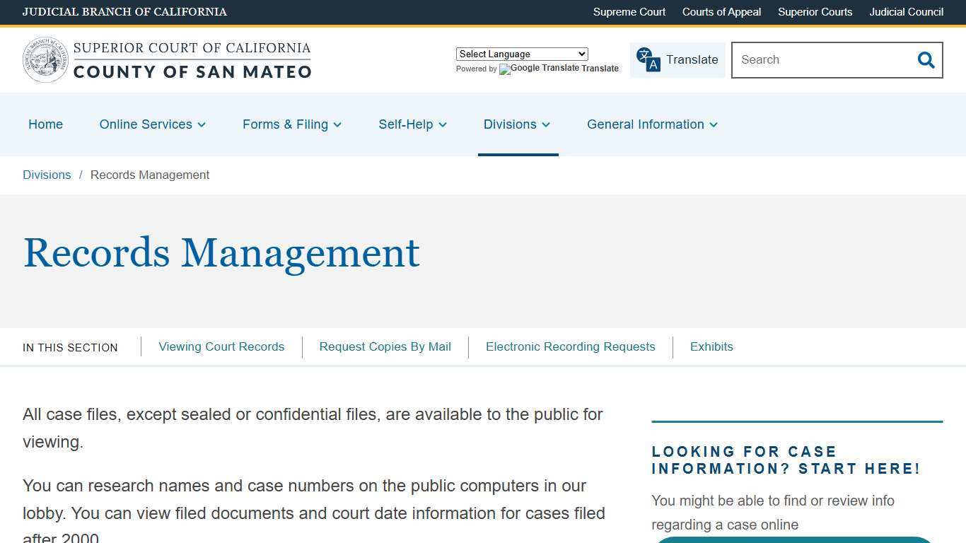Records Management Superior Court of California County of San Mateo